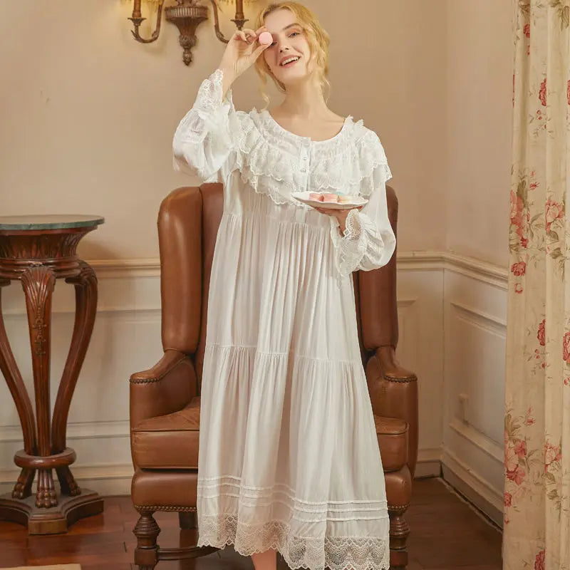 Victorian White Night Dress with Lace Ruffles