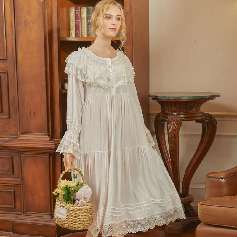 Victorian White Night Dress with Lace Ruffles