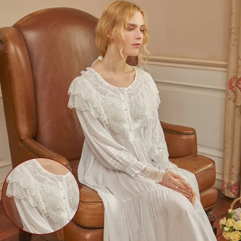 Victorian White Night Dress with Lace Ruffles