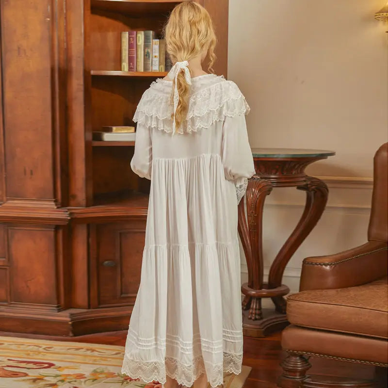 Victorian White Night Dress with Lace Ruffles