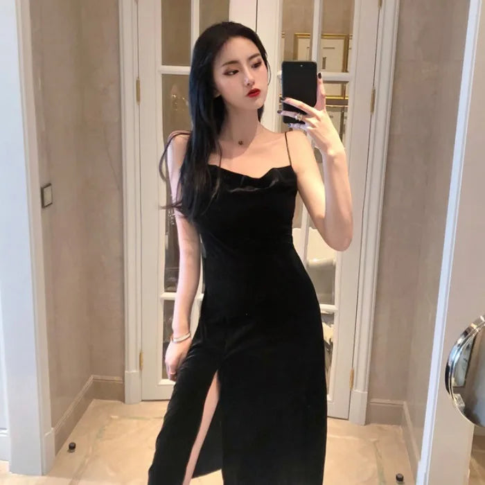 Vintage Black Velvet Bodycon Dress