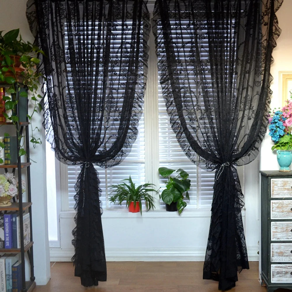 Romantic Vintage Black Floral Sheer Curtains