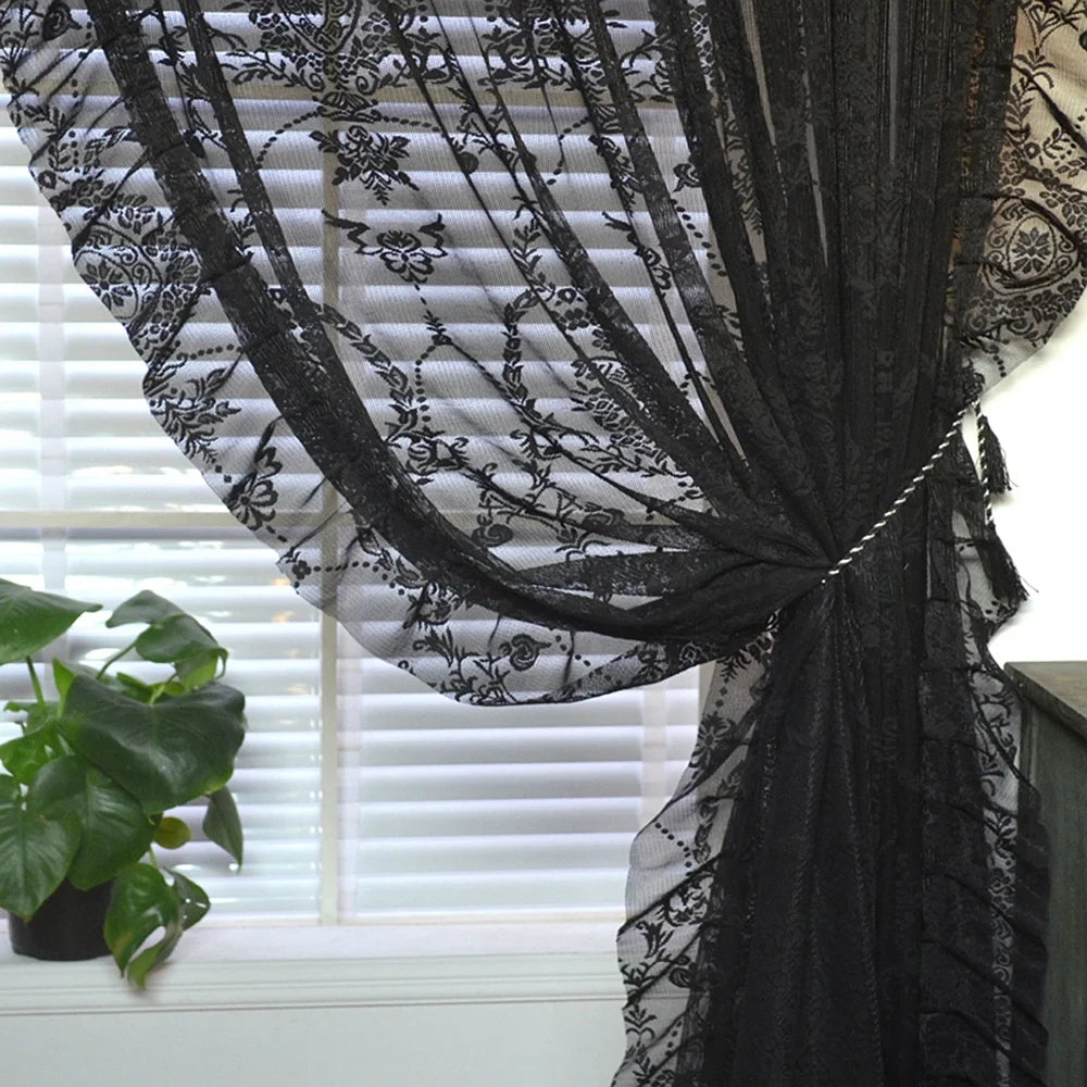 Romantic Vintage Black Floral Sheer Curtains