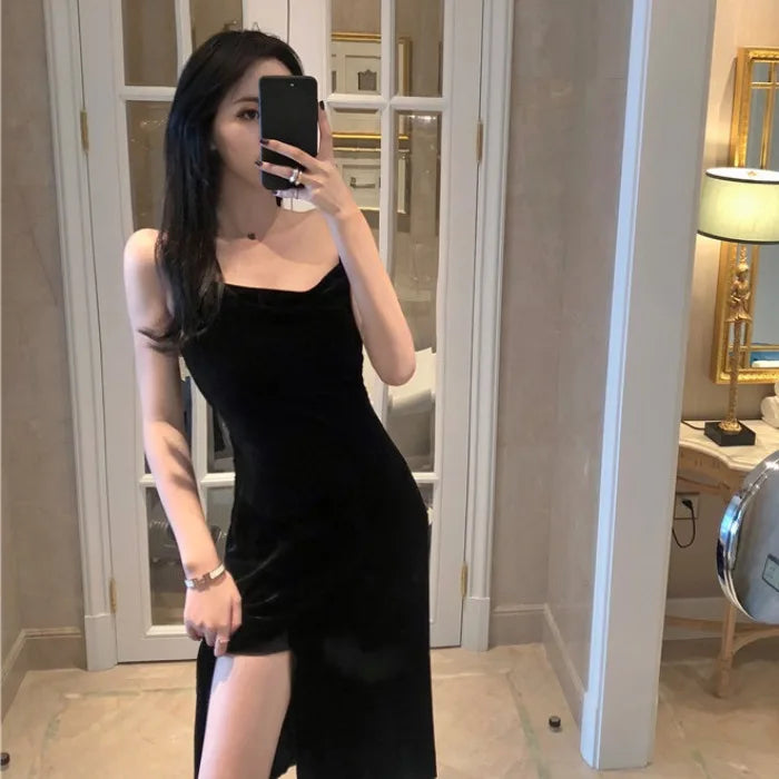 Vintage Black Velvet Bodycon Dress