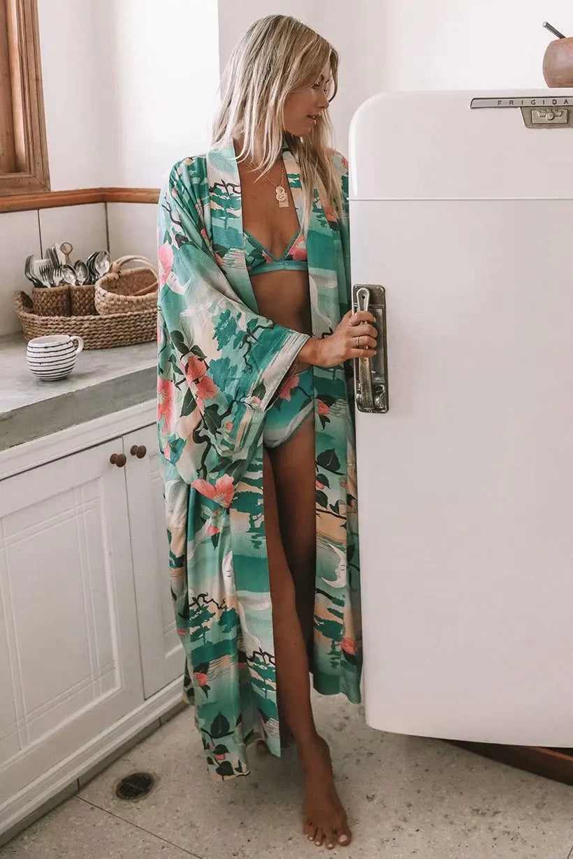 Happie Queens Bohemian Vintage Green Kimono Cover-up